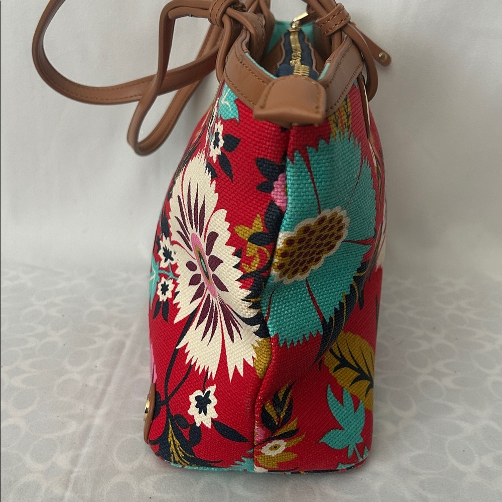 Spartina 449 Vibrant Red Floral Brown Leather Accents/Trim Tote Bag Purse 🌺🌺 - Picture 4 of 14
